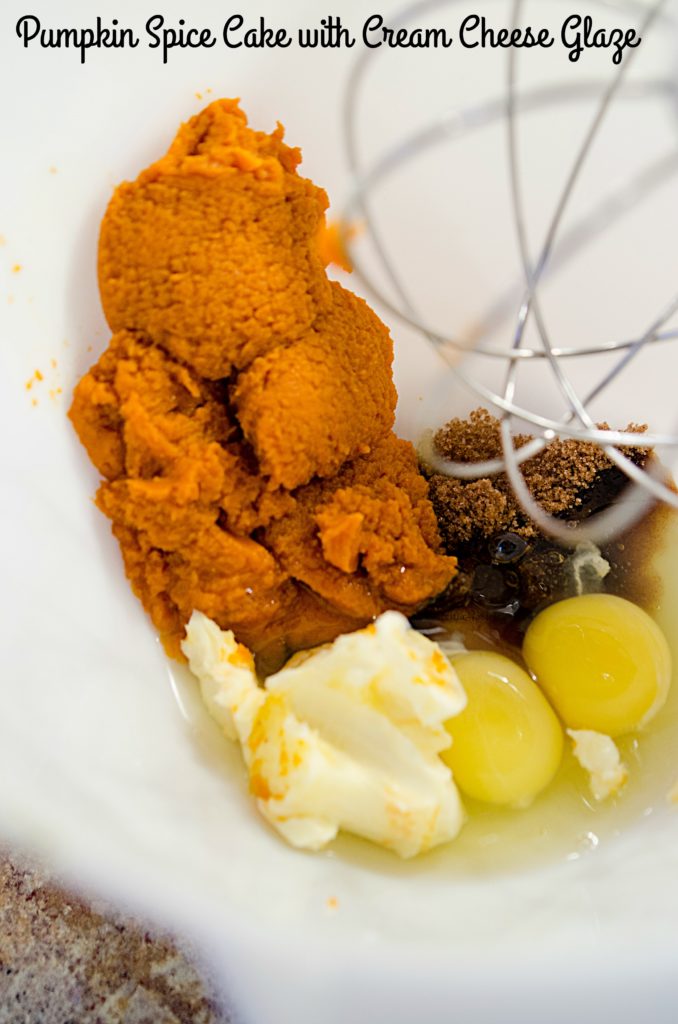 Mixing the ingredients for Pumpkin Spice Cake with Cream Cheese Glaze